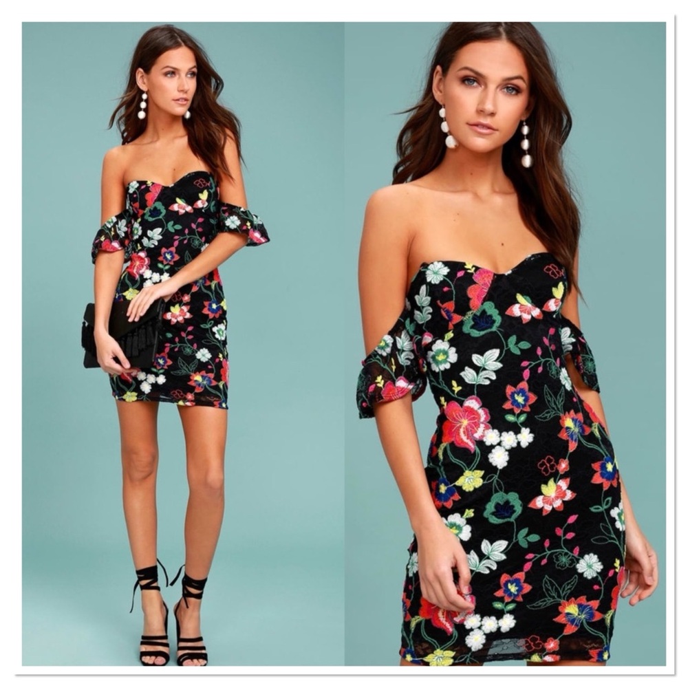 Lulus Hot Tropics Lace Embroidered Off Shoulder Mini Dress Black Pink Size Small